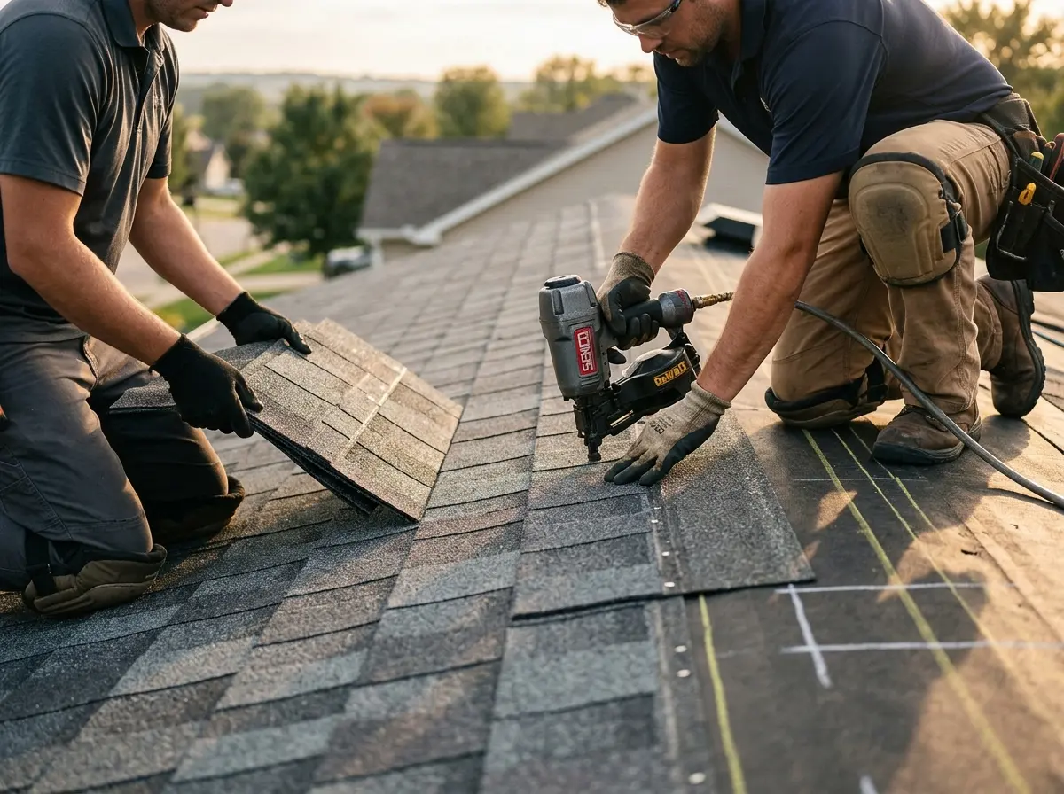 Professional roofer working on a residential roof in Villa Park